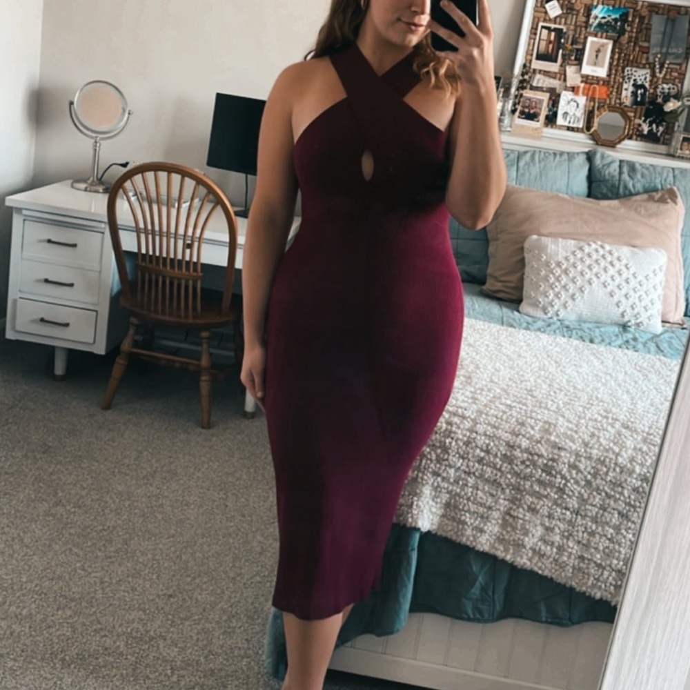 NWT Banana Republic Burgundy Red Knit Midi Dress Bodycon Wrap Neck Size Medium